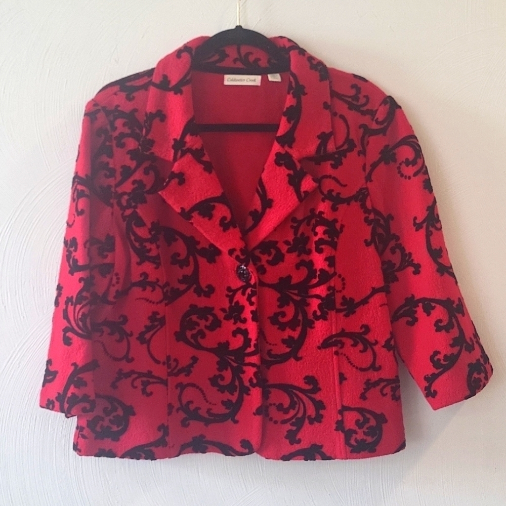 Coldwater Creek Red Wool Black Burnout Velvet Filigree Swing Jacket Size Large